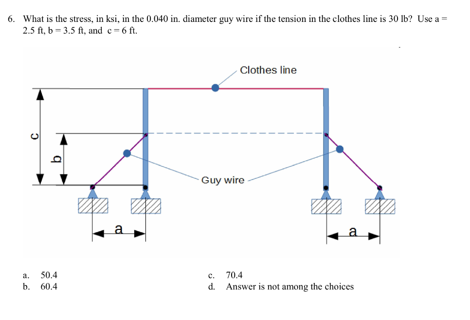 6. What is the stress, in ksi, in the 0.040 in. diameter guy wire if the tension in the clothes line is 30 lb? Use a =
2.5 ft, b = 3.5 ft, and c = 6 ft.
a.
b.
b
50.4
60.4
a
Clothes line
Guy wire
C.
d.
70.4
Answer is not among the choices