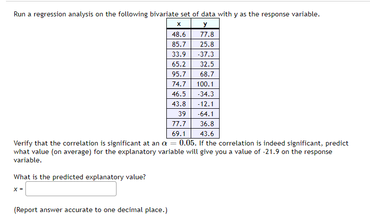 Run a regression analysis on the following bivariate set of data with y as the response variable.
X
y
48.6
77.8
85.7
25.8
33.9 -37.3
65.2
32.5
95.7
68.7
74.7
100.1
46.5
-34.3
43.8
-12.1
39
-64.1
77.7
36.8
69.1
43.6
Verify that the correlation is significant at an a = 0.05. If the correlation is indeed significant, predict
what value (on average) for the explanatory variable will give you a value of -21.9 on the response
variable.
What is the predicted explanatory value?
X =
(Report answer accurate to one decimal place.)