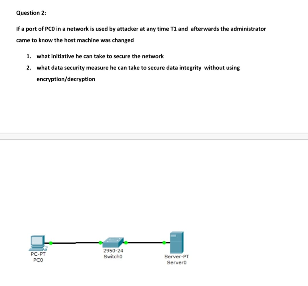 Question 2:
If a port of PCO in a network is used by attacker at any time T1 and afterwards the administrator
came to know the host machine was changed
1. what initiative he can take to secure the network
2. what data security measure he can take to secure data integrity without using
encryption/decryption
2950-24
PC-PT
Switcho
Server-PT
Servero
PCO
