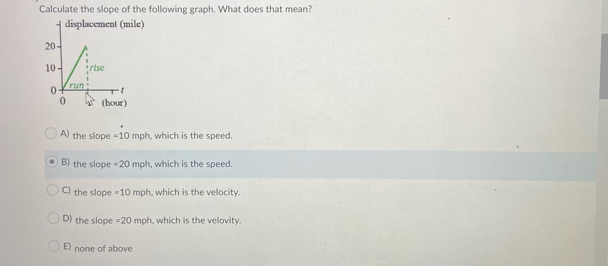 Calculate the slope of the following graph. What does that mean?
displacement (mile)
20-
10 -
rise
run:
(hour)
A) the slope =10 mph, which is the speed.
O B) the slope =20 mph, which is the speed.
C) the slope =10 mph, which is the velocity.
D) the slope =20 mph, which is the velovity.
E) none of above
