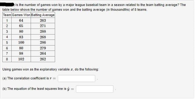 Is the number of games won by a major league baseball team in a season related to the team batting average? The
table below shows the number of games won and the batting average (in thousandths) of 8 teams.
Team Games Won Batting Average
1
64
263
2
65
271
80
288
4
83
268
100
286
80
279
98
264
8
102
262
Using games won as the explanatory variable z, do the following:
(a) The correlation coefficient isr =
(b) The equation of the least squares line is ŷ =
3.
6700
