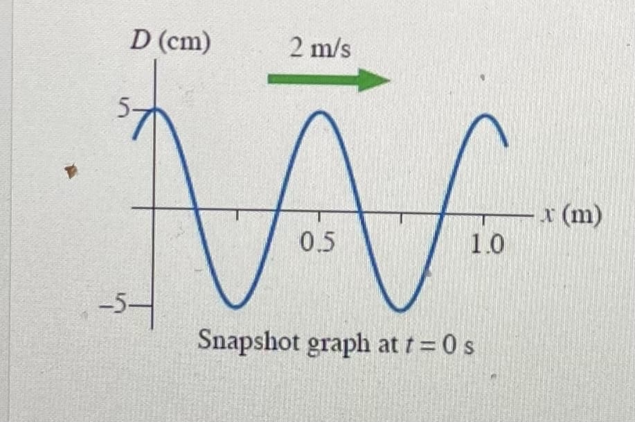 D (cm)
2 m/s
5-
x (m)
0.5
1.0
Snapshot graph at t = 0 s
