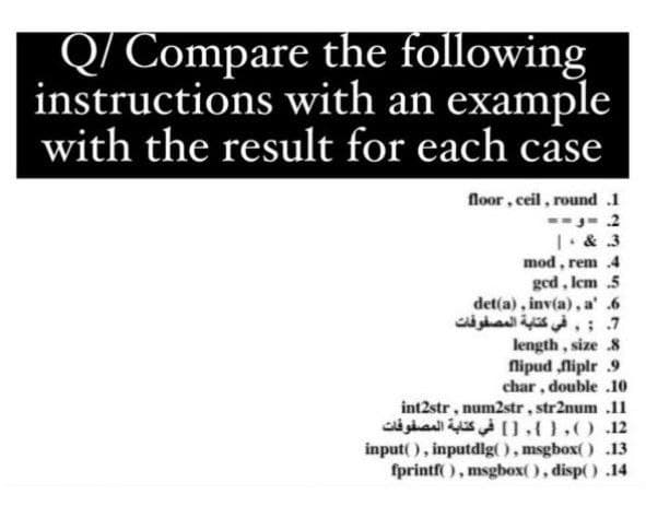 Q/ Compare the following
instructions with an example
with the result for each case
floor, ceil, round .1
-J- 2
I. & 3
mod , rem
god, lcm 5
det(a), inv(a), a' .6
7. ;, في كتابة المصفوفات
length, size 8
nipud Niplr 9
char, double .10
int2str , num2str, str2num .11
12. )(,{}, ] في كتابة المصفوفات
input( ), inputdig), msgbox() .13
fprintf(), msgbox(), disp() .14
.4
