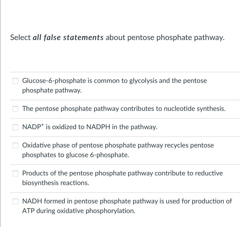 Select all false statements about pentose phosphate pathway.
Glucose-6-phosphate is common to glycolysis and the pentose
phosphate pathway.
The pentose phosphate pathway contributes to nucleotide synthesis.
NADP* is oxidized to NADPH in the pathway.
Oxidative phase of pentose phosphate pathway recycles pentose
phosphates to glucose 6-phosphate.
Products of the pentose phosphate pathway contribute to reductive
biosynthesis reactions.
NADH formed in pentose phosphate pathway is used for production of
ATP during oxidative phosphorylation.
