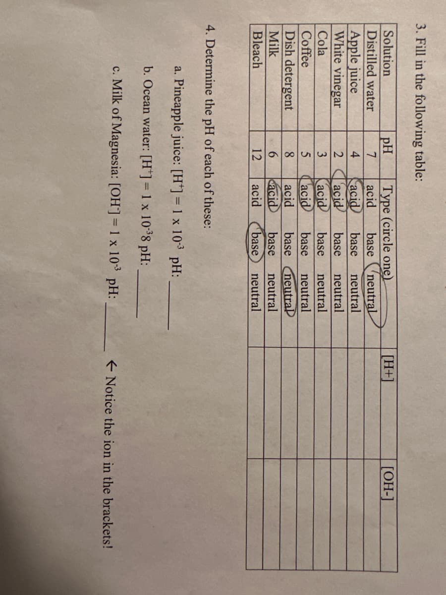 3. Fill in the following table:
Solution
Distilled water
Apple juice
White vinegar
Cola
Coffee
Dish detergent
Milk
Bleach
pH
Type (circle one)
acid
base neutral
neutral
neutral
neutral
neutral
neutral
neutral
neutral
7
4
acid base
2 acid
base
3
acid
base
5
acid
base
8 acid
base
6 acid
base
12 acid base
4. Determine the pH of each of these:
a. Pineapple juice: [H] = 1 x 103 pH:
b. Ocean water: [H] = 1 x 10³8 pH:
c. Milk of Magnesia: [OH-] = 1 x 103 pH:
[H+]
[OH-]
Notice the ion in the brackets!