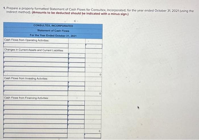 1. Prepare a properly formatted Statement of Cash Flows for Consultex, Incorporated, for the year ended October 31, 2021 (using the
indirect method). (Amounts to be deducted should be indicated with a minus sign.)
CONSULTEX, INCORPORATED
Statement of Cash Flows
For the Year Ended October 31, 2021
Cash Flows from Operating Activities:
Changes in Current Assets and Current Liabilities
Cash Flows from Investing Activities:
Cash Flows from Financing Activities:
0
0
0