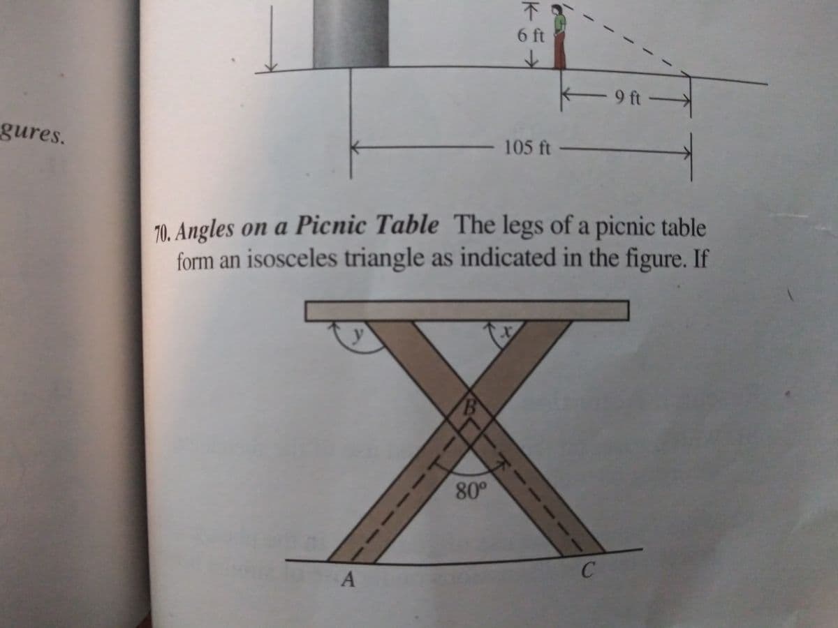 ### Angles on a Picnic Table

#### Problem Statement:
The legs of a picnic table form an isosceles triangle as indicated in the figure. The angle at the bottom of the isosceles triangle (∠BAC) measures 80°. The goal is to determine the measures of the other two angles x and y.

#### Diagram Description:
- There is a square picnic tabletop represented at the top of the diagram.
- Below the tabletop, there are two legs represented as intersecting lines that form an "X" shape.
- The intersection of the legs below the tabletop forms an isosceles triangle with vertices labeled A, B, and C, where ∠BAC = 80°.
- The angles at the top of the legs where they meet the tabletop are labeled as x and y respectively.

##### Analysis:
Given that the triangle is isosceles and the angle between the two equal legs (at A) is 80°, you can find the measures of the other angles as follows:

Since the sum of angles in any triangle is 180°:
\[ ∠BAC + ∠BCA + ∠B = 180° \]
\[ 80° + x + x = 180° \]
\[ 80° + 2x = 180° \]
\[ 2x = 100° \]
\[ x = 50° \]

So, the angles x and y (∠B and ∠C) are both 50° each.

Thus, the angles of the isosceles triangle formed by the picnic table legs are:
- ∠BAC = 80°
- ∠B = 50° 
- ∠C = 50°

This decomposition helps in practical applications such as design and load analysis in construction and engineering fields.