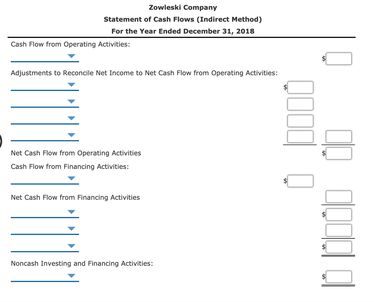 Zowleski Company
Statement of Cash Flows (Indirect Method)
For the Year Ended December 31, 2018
Cash Flow from Operating Activities:
Adjustments to Reconcile Net Income to Net Cash Flow from Operating Activities:
Net Cash Flow from Operating Activities
Cash Flow from Financing Activities:
Net Cash Flow from Financing Activities
Noncash Investing and Financing Activities:
