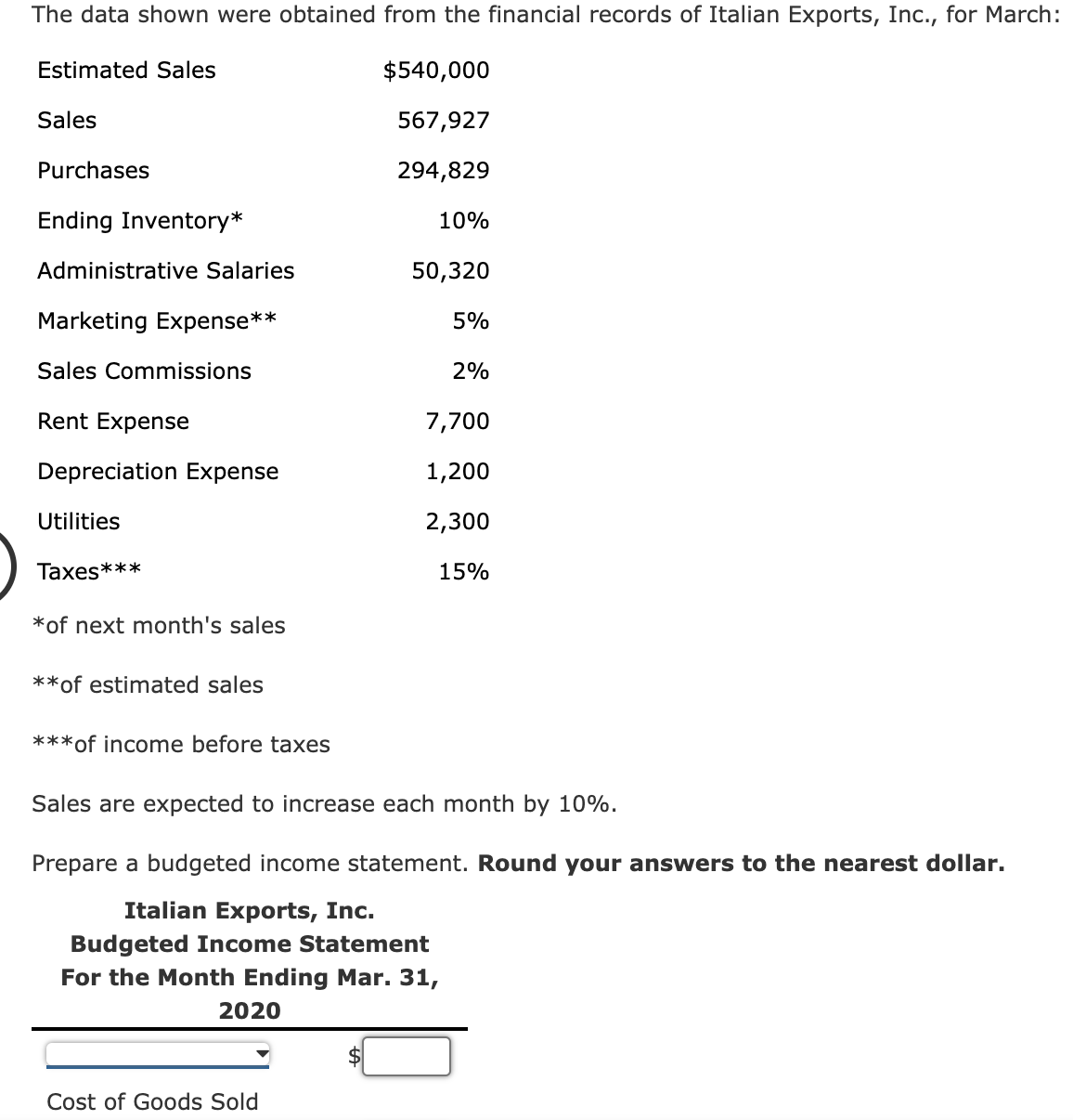 The data shown were obtained from the financial records of Italian Exports, Inc., for March:
Estimated Sales
$540,000
Sales
567,927
Purchases
294,829
Ending Inventory*
10%
Administrative Salaries
50,320
Marketing Expense**
5%
Sales Commissions
2%
Rent Expense
7,700
Depreciation Expense
1,200
Utilities
2,300
Taxes***
15%
*of next month's sales
**of estimated sales
***of income before taxes
Sales are expected to increase each month by 10%.
Prepare a budgeted income statement. Round your answers to the nearest dollar.
Italian Exports, Inc.
Budgeted Income Statement
For the Month Ending Mar. 31,
2020
Cost of Goods Sold
