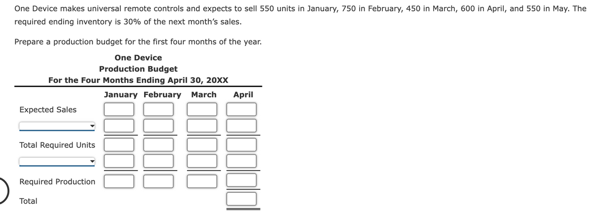 One Device makes universal remote controls and expects to sell 550 units in January, 750 in February, 450 in March, 600 in April, and 550 in May. The
required ending inventory is 30% of the next month's sales.
Prepare a production budget for the first four months of the year.
One Device
Production Budget
For the Four Months Ending April 30, 20XX
January February
March
April
Expected Sales
Total Required Units
Required Production
Total
