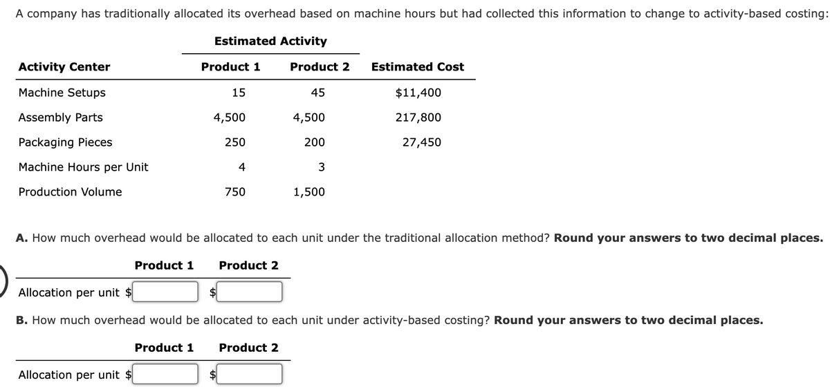 A company has traditionally allocated its overhead based on machine hours but had collected this information to change to activity-based costing:
Estimated Activity
Activity Center
Product 1
Product 2
Estimated Cost
Machine Setups
15
45
$11,400
Assembly Parts
4,500
4,500
217,800
Packaging Pieces
250
200
27,450
Machine Hours per Unit
4
Production Volume
750
1,500
A. How much overhead would be allocated to each unit under the traditional allocation method? Round your answers to two decimal places.
Product 1
Product 2
Allocation per unit $
B. How much overhead would be allocated to each unit under activity-based costing? Round your answers to two decimal places.
Product 1
Product 2
Allocation per unit $
$4
