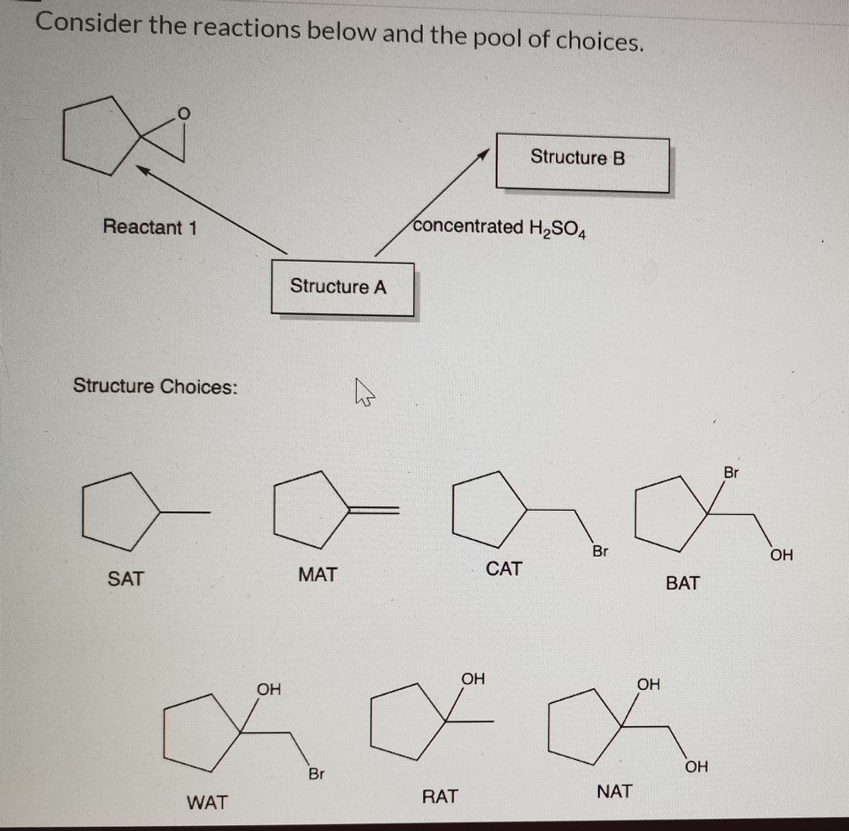 Consider the reactions below and the pool of choices.
Structure B
Reactant 1
concentrated H2SO4
Structure A
Structure Choices:
Br
Br
OH
MAT
CAT
SAT
BAT
OH
OH
OH
OH
Br
RAT
NAT
WAT
