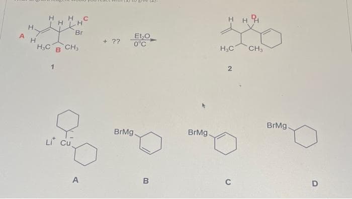 A
Н
Н
H3C
H
H
Н
B CH₁
Lit cu
H
Br
C
A
Et₂O
+ ?? 0°C
BrMg.
В
СО
BrMg.
HH
Н.С
2
с
CH₂
BrMg.
D