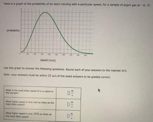 Here is a graph of the probability of an atom moving with a particular speed, for a sample of argon gas at -6. °C.
probability
speed (m/s)
Use this graph to answer the following questions. Round each of your answers to the neare
m/s.
Note: your answers must be within 25 m/s of the exact answers to be graded correct.
What is the most likely speed of a Ar atom in
this sample?
What higher speed is only haif as kely as the
most likely speed?
What higher speed is only 10% as kely as
the most kely speed?
