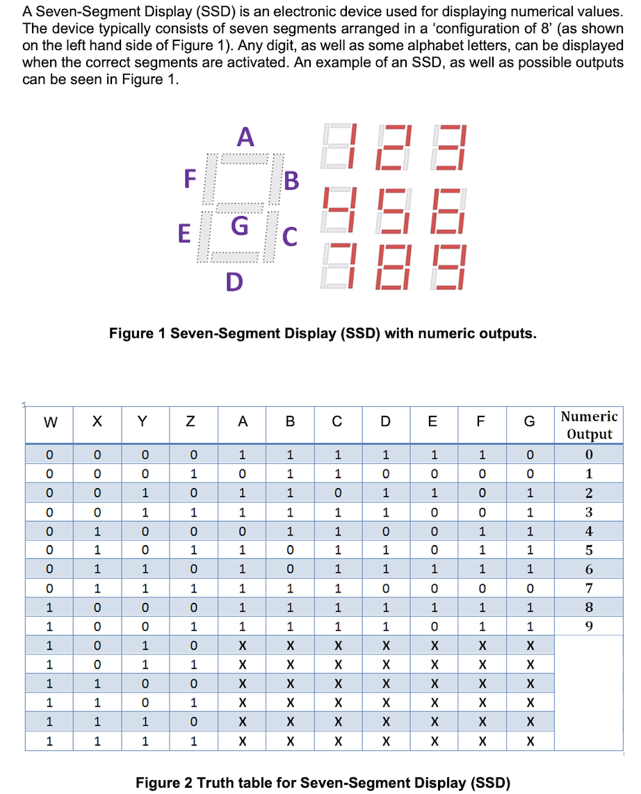 A Seven-Segment Display (SSD) is an electronic device used for displaying numerical values.
The device typically consists of seven segments arranged in a 'configuration of 8' (as shown
on the left hand side of Figure 1). Any digit, as well as some alphabet letters, can be displayed
when the correct segments are activated. An example of an SSD, as well as possible outputs
can be seen in Figure 1.
128
A
F
E
G
Figure 1 Seven-Segment Display (SSD) with numeric outputs.
W
Y
A
B
C
E
F
G
Numeric
Output
1
1
1
1
1
1
1
1
1
1
1
1
1
1
2
1
1
1
1
1
1
1
1
1
4
1
1
1
1
1
1
1
1
1
1
1
1
1
1
6.
1
1
1
1
1
7
1
1
1
1
1
1
8
1
1
1
1
1
1
9.
1
1
X
X
1
1
X
1
1
1
1
1
X
1
1
1
X
X
X
1
1
1
X
X
Figure 2 Truth table for Seven-Segment Display (SSD)
X x x x x
x x x
N
