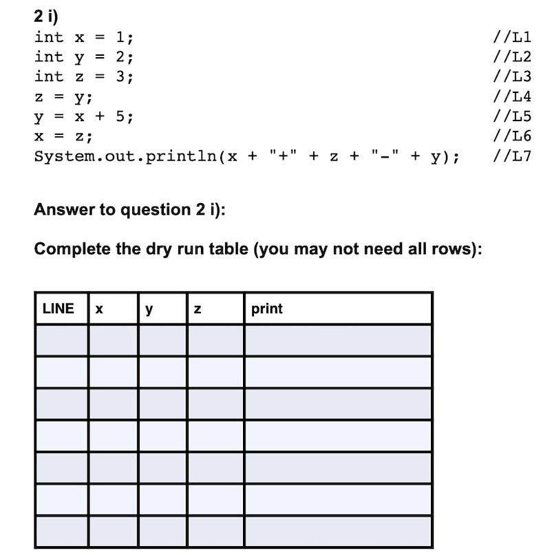 2 i)
//L1
= 1;
2;
int x
//L2
//L3
int y
int z
3;
=
//L4
//L5
= yi
у 3 х +5;
= z;
y
//L6
//L7
System.out.println(x + "+" + z + "-" + y);
Answer to question 2 i):
Complete the dry run table (you may not need all rows):
LINE
y
print
N
