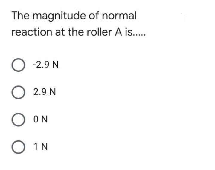 The magnitude of normal
reaction at the roller A is....
O -2.9 N
O 2.9 N
O ON
O 1N
