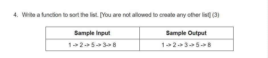 4. Write a function to sort the list. [You are not allowed to create any other list] (3)
Sample Input
Sample Output
1 -> 2 -> 5 -> 3-> 8
1 -> 2 -> 3 -> 5 -> 8
