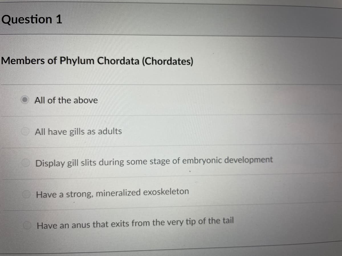 Question 1
Members of Phylum Chordata (Chordates)
All of the above
All have gills as adults
Display gill slits during some stage of embryonic development
Have a strong, mineralized exoskeleton
O Have an anus that exits from the very tip of the tail
