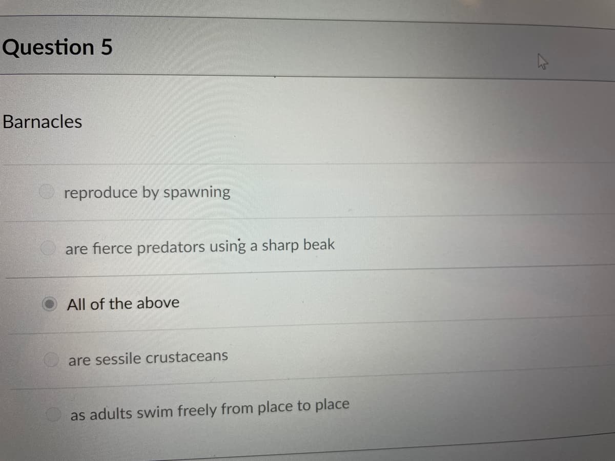 Question 5
Barnacles
reproduce by spawning
are fierce predators using a sharp beak
All of the above
are sessile crustaceans
as adults swim freely from place to place
