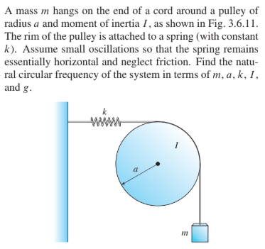 A mass m hangs on the end of a cord around a pulley of
radius a and moment of inertia I, as shown in Fig. 3.6.11.
The rim of the pulley is attached to a spring (with constant
k). Assume small oscillations so that the spring remains
essentially horizontal and neglect friction. Find the natu-
ral circular frequency of the system in terms of m, a, k, 1,
and g.
www
