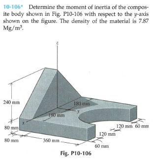 10-106 Determine the moment of inertia of the compos-
ite body shown in Fig. P10-106 with respect to the y-axis
shown on the figure. The density of the material is 7.87
Mg/m?.
240 mm
180 mn
180 mm
120 mm 60 mm
120 mm
80 mm
80 mm
360 mm
60 mm
Fig. P10-106
