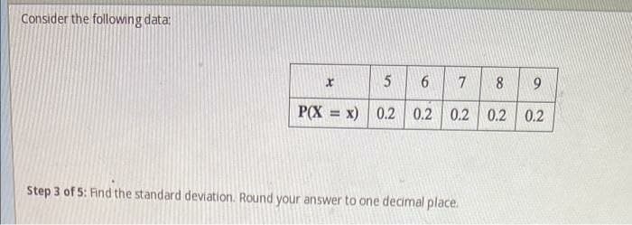 Consider the following data:
5
8
P(X = x) 0.2 0.2 0.2
0.2 0.2
Step 3 of 5: Find the standard deviation. Round your answer to one decimal place.
9'
