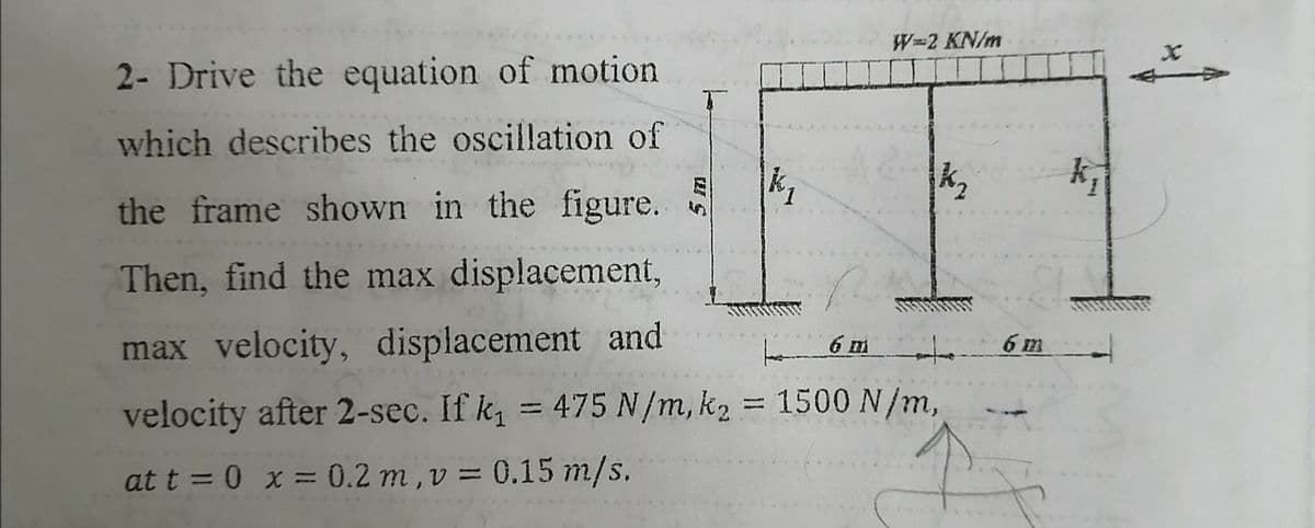 W=2 KN/m
2- Drive the equation of motion
which describes the oscillation of
k.
the frame shown in the figure.
Then, find the max displacement,
max velocity, displacement and
6 m
6 m
velocity after 2-sec. If k = 475 N/m, k2 = 1500 N/m,
%3D
%3D
at t = 0 x = 0.2 m,v = 0.15 m/s.
%3D
