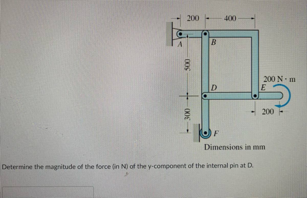 200 -
400
200 N m
E
200
Dimensions in mm
Determine the magnitude of the force (in N) of the y-component of the internal pin at D.
