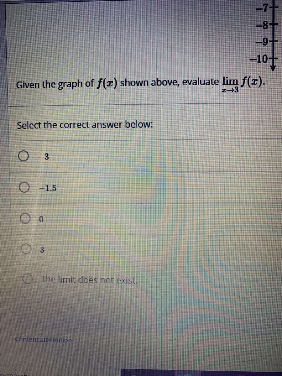 -8+
-9-
-10+
Given the graph of f(x) shown above, evaluate lim f(x).
Select the correct answer below:
O -3
O -1.5
The limit does not exist.
Content attribution
