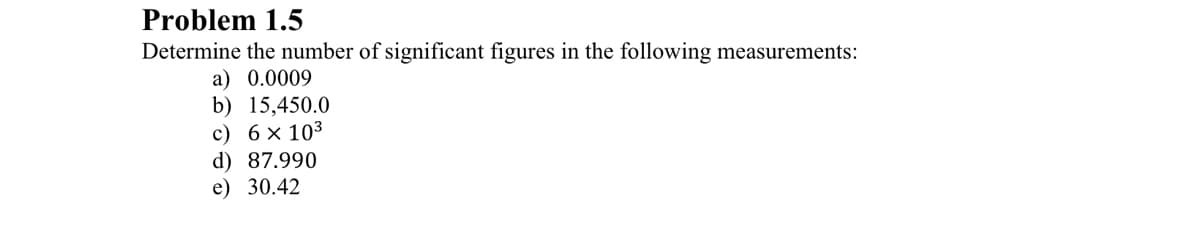 Problem 1.5
Determine the number of significant figures in the following measurements:
a) 0.0009
b) 15,450.0
c) 6 × 103
d) 87.990
e) 30.42
