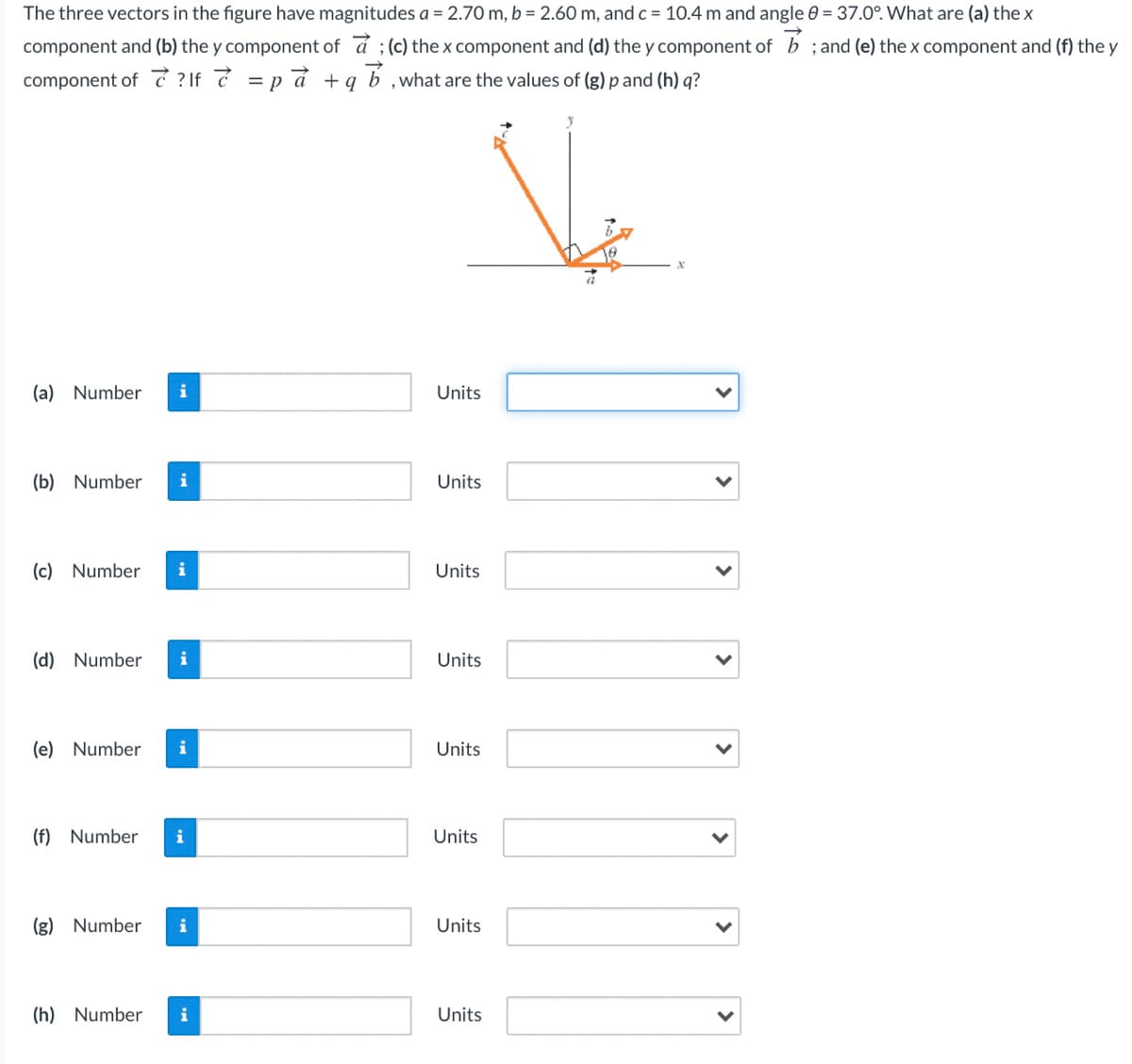 The three vectors in the figure have magnitudes a = 2.70 m, b = 2.60 m, and c = 10.4 m and angle 0 = 37.0°. What are (a) the x
component and (b) the y component of a ; (c) the x component and (d) the y component of b ; and (e) the x component and (f) the y
component of Ć ? If 7 =pá +q b ,what are the values of (g) p and (h) q?
%3D
(a) Number
i
Units
(b) Number
i
Units
(c) Number
i
Units
(d) Number
i
Units
(e) Number
i
Units
(f) Number
i
Units
(g) Number
i
Units
(h) Number
i
Units
>
>
>
>
>
>
>
