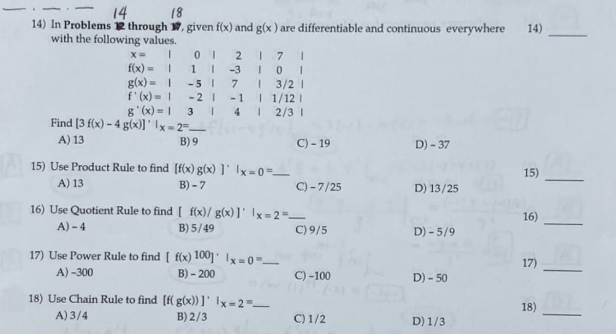 14
18
14) In Problems 12 through W, given f(x) and g(x ) are differentiable and continuous everywhere
with the following values.
14)
f(x) =
-3
g(x) =
- 5 1
3/2 I
I 1/12 I
| 2/3 1
f'(x) = |
- 21
- 1
g'(x) = |
3 1
4
Find [3 f(x) – 4 g(x)] ' Ix = 2=
A) 13
B) 9
C) - 19
D) - 37
15) Use Product Rule to find [f(x) g(x) ]' Ix=0=_
15)
A) 13
B) - 7
C) - 7/25
D) 13/25
16) Use Quotient Rule to find [ f(x)/ g(x)]' Ix=2=
16)
A) – 4
B) 5/49
C) 9/5
D) - 5/9
17) Use Power Rule to find [ f(x) 100] ' 1x= 0=_
17)
А) -300
В) - 200
С) -100
D) - 50
18) Use Chain Rule to find [f( g(x))]' Ix=2=_
18)
A) 3/4
B) 2/3
C) 1/2
D) 1/3
