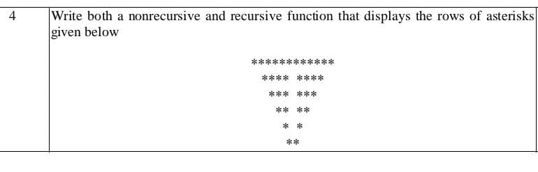 Write both a nonrecursive and recursive function that displays the rows of asterisks
given below
4
*******:
**** ****
*** ***
** **
**
**
