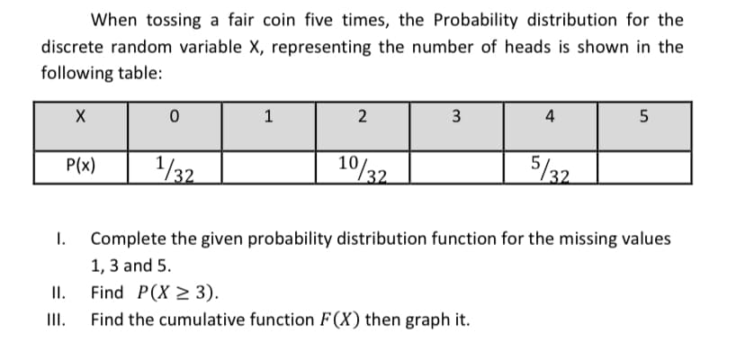 When tossing a fair coin five times, the Probability distribution for the
discrete random variable X, representing the number of heads is shown in the
following table:
2
3
4
5
1/32
10/32
5/32
P(x)
I.
Complete the given probability distribution function for the missing values
1, 3 and 5.
Find P(X > 3).
Find the cumulative function F(X) then graph it.
II.
III.
