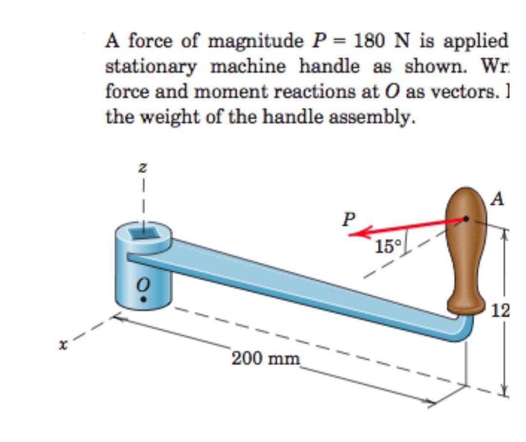 A force of magnitude P = 180 N is applied
stationary machine handle as shown. Wr.
force and moment reactions at O as vectors. 1
the weight of the handle assembly.
A
15L
12
200 mm
