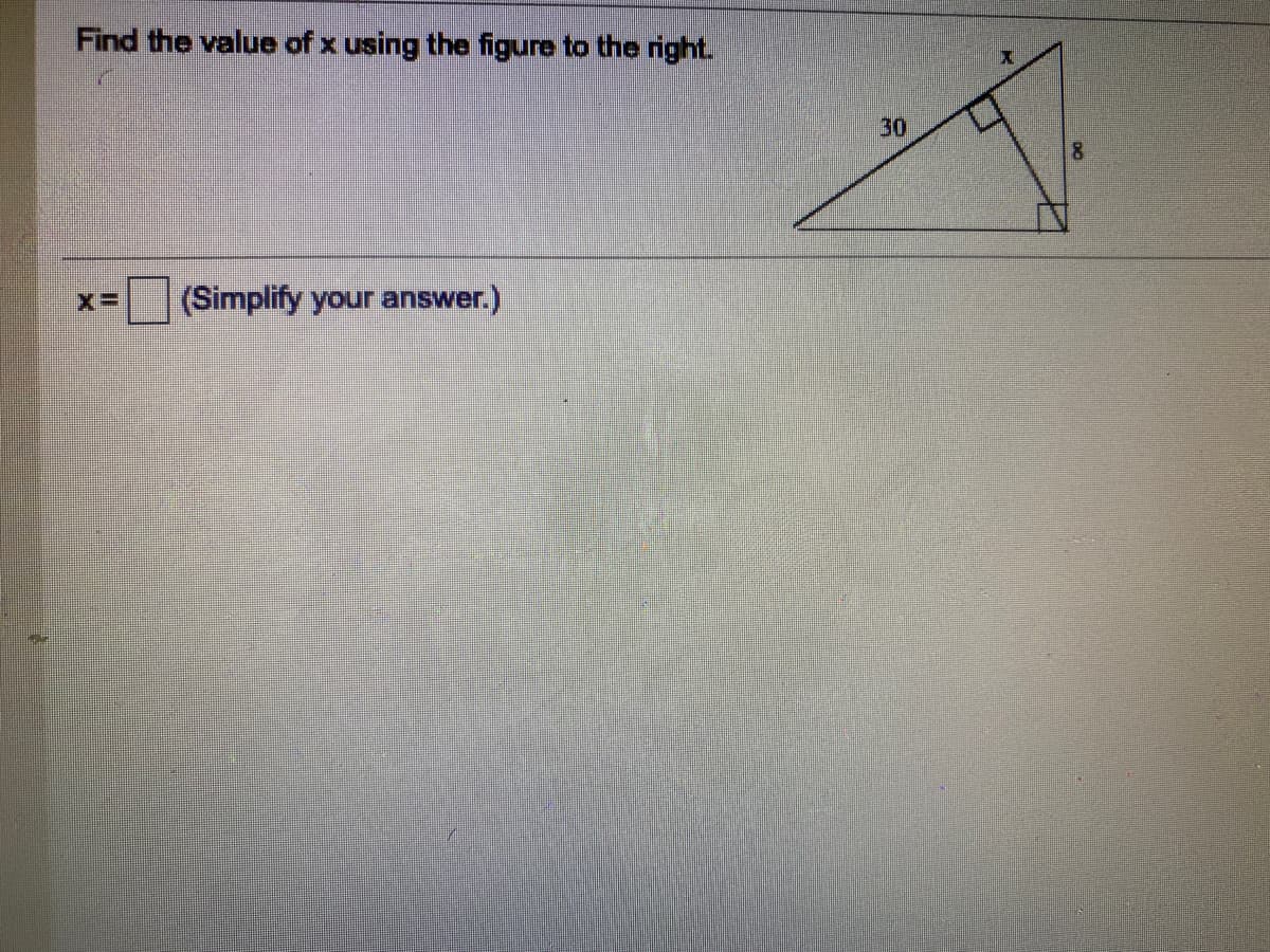 Find the value of x using the figure to the right.
30
(Simplify your answer.)
