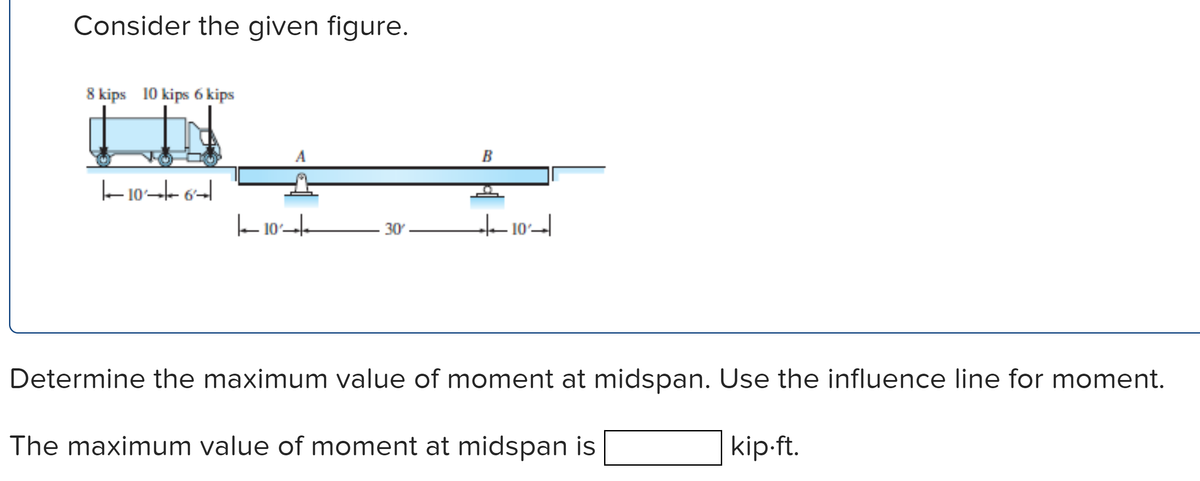 Consider the given figure.
8 kips 10 kips 6 kips
|10|6²|
10
30
B
+10
Determine the maximum value of moment at midspan. Use the influence line for moment.
The maximum value of moment at midspan is
kip.ft.