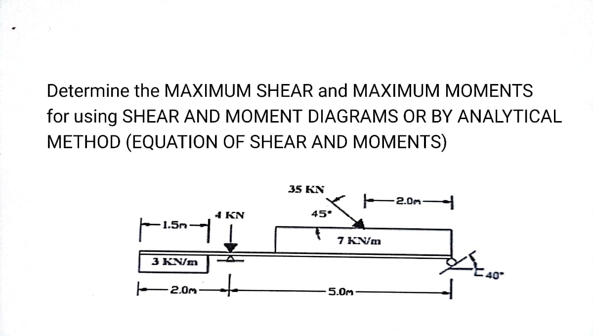 Determine the MAXIMUM SHEAR and MAXIMUM MOMENTS
for using SHEAR AND MOMENT DIAGRAMS OR BY ANALYTICAL
METHOD (EQUATION OF SHEAR AND MOMENTS)
1.5m-
3 KN/m
2.0m
4 KN
+
35 KN
45°
7 KN/m
5.0m
2.0m-
40°