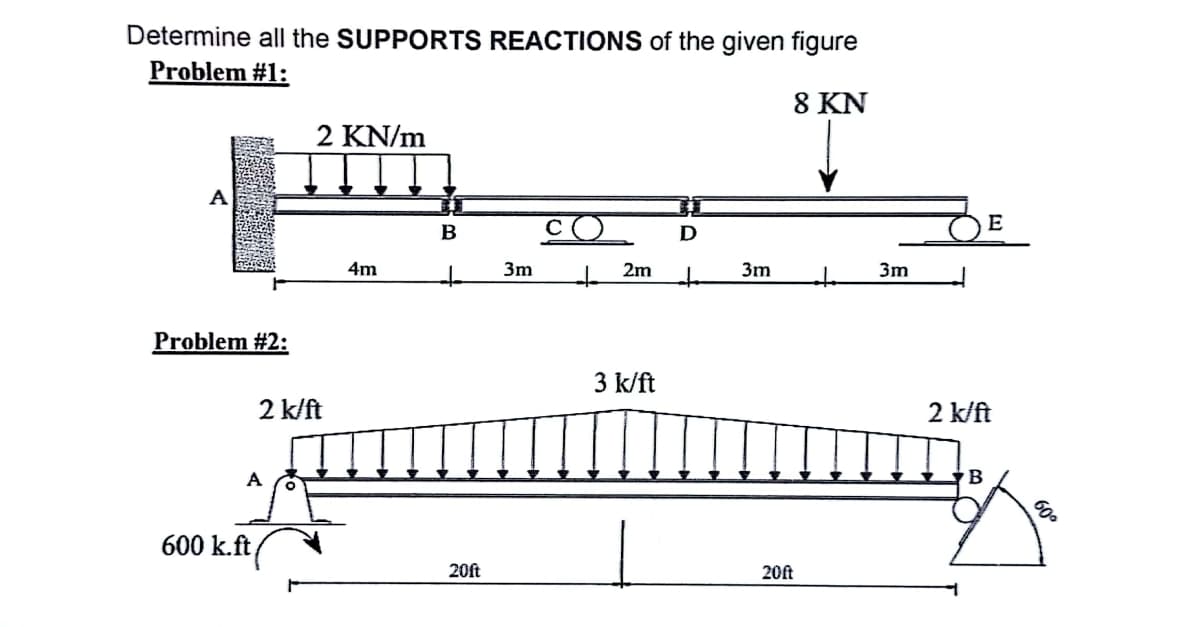 Determine all the SUPPORTS REACTIONS of the given figure
Problem #1:
8 KN
A
Problem #2:
2 k/ft
A
2 KN/m
600 k.ft (
4m
B
+
20ft
3m
+
2m
3 k/ft
D
ata
3m
20ft
+
3m
E
2 k/ft
B
600