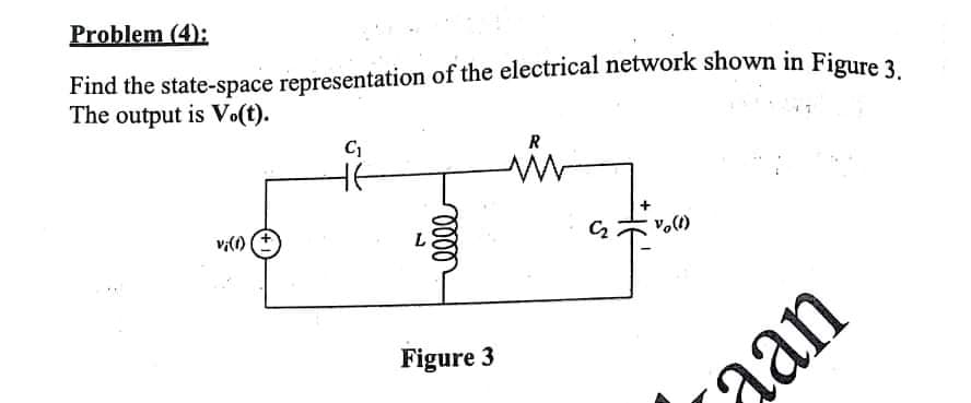 Problem (4):
Find the state-space representation of the electrical network shown in Figurna
The output is Vo(t).
R
v;(1)
Figure 3
aan
