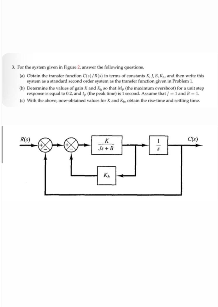 3. For the system given in Figure 2, answer the following questions.
(a) Obtain the transfer function C(s)/R(s) in terms of constants K, J, B, K, and then write this
system as a standard second order system as the transfer function given in Problem 1.
(b) Determine the values of gain K and K, so that Mp (the maximum overshoot) for a unit step
response is equal to 0.2, and tp (the peak time) is 1 second. Assume that J = 1 and B = 1.
(c) With the above, now-obtained values for K and K, obtain the rise-time and settling time.
R(s)
K
Js + B
C(s)
Kh