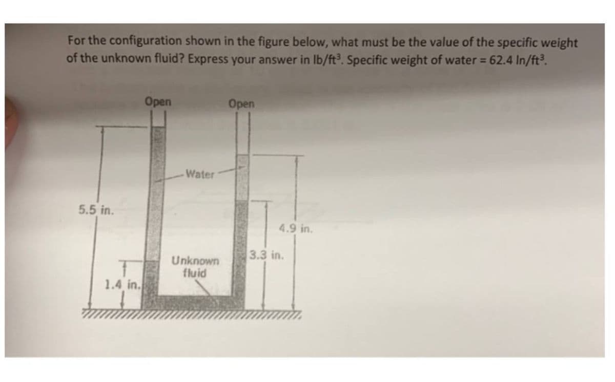 For the configuration shown in the figure below, what must be the value of the specific weight
of the unknown fluid? Express your answer in lb/ft³. Specific weight of water = 62.4 In/ft³.
5.5 in.
T
1.4 in.
Open
Open
Water
4.9 in.
3.3 in.
Unknown
fluid