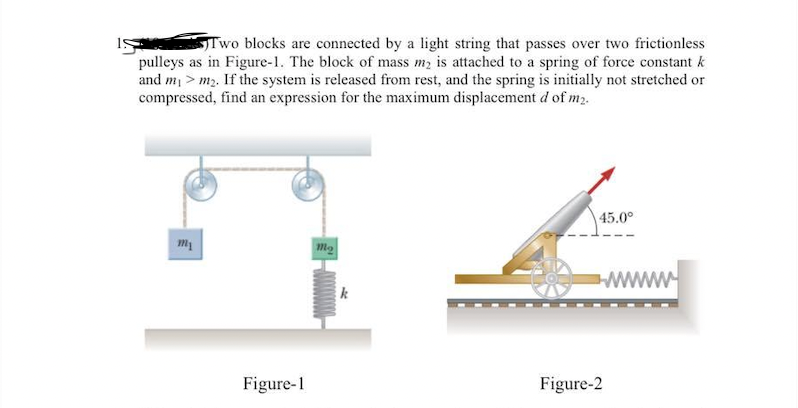 Two blocks are connected by a light string that passes over two frictionless
pulleys as in Figure-1. The block of mass m, is attached to a spring of force constant k
and m > m2. If the system is released from rest, and the spring is initially not stretched or
compressed, find an expression for the maximum displacement d of m2.
| 45.0°
m2
Figure-1
Figure-2
