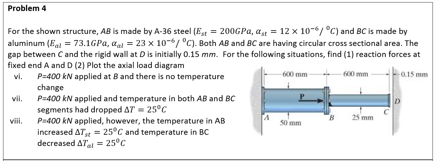 Problem 4
For the shown structure, AB is made by A-36 steel (Est = 200GPA, ast = 12 x 10-67 °C) and BC is made by
%|
73.1GPA, aal = 23 × 10-6/ °C). Both AB and BC are having circular cross sectional area. The
aluminum (Eal
gap between C and the rigid wall at D is initially 0.15 mm. For the following situations, find (1) reaction forces at
fixed end A and D (2) Plot the axial load diagram
P=400 kN applied at B and there is no temperature
-0.15 тm
600 mm
600 mm
vi.
change
vii.
P=400 kN applied and temperature in both AB and BC
25°C
segments had dropped AT
P=400 kN applied, however, the temperature in AB
increased ATst = 25°C and temperature in BC
decreased ATal = 25°C
vii.
B.
25 mm
50 mm
