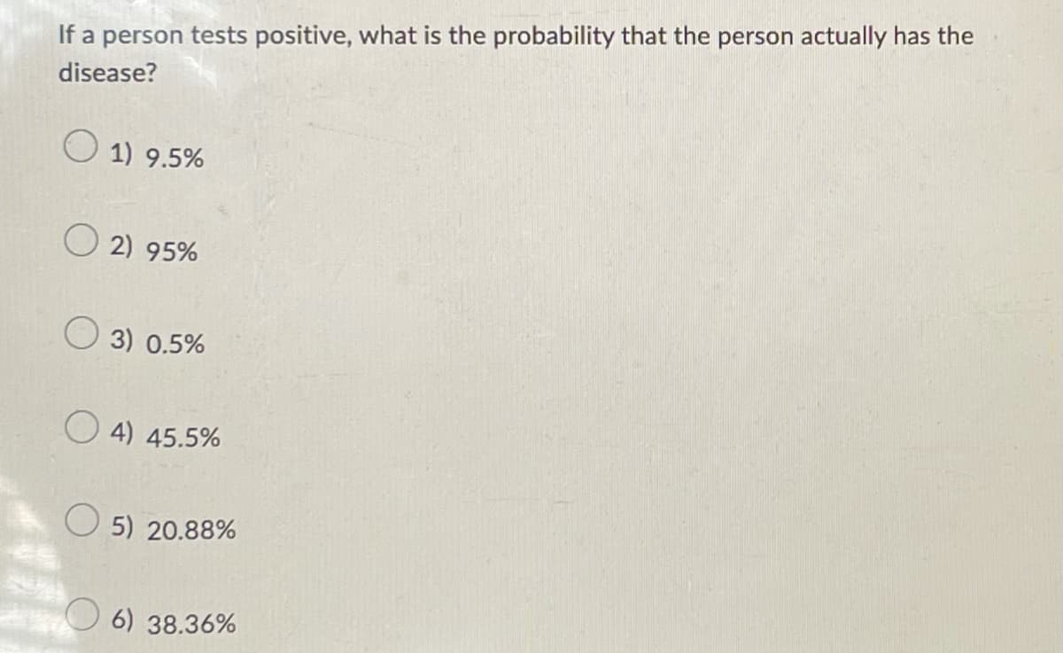 If a person tests positive, what is the probability that the person actually has the
disease?
1) 9.5%
O2) 95%
3) 0.5%
4) 45.5%
5) 20.88%
6) 38.36%