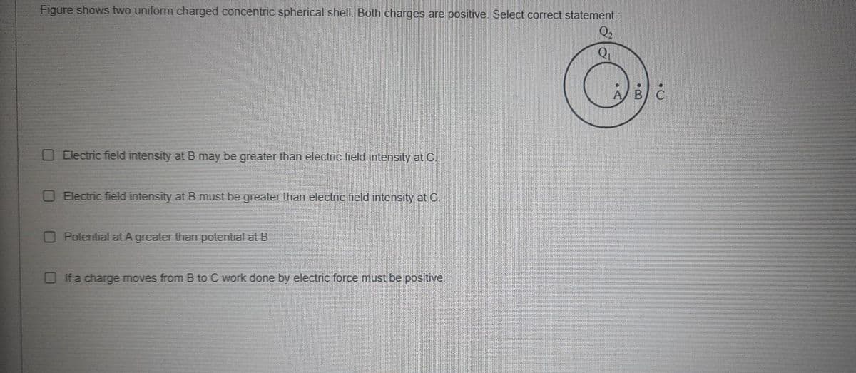 Figure shows two uniform charged concentric spherical shell. Both charges are positive. Select correct statement:
Q₂
Electric field intensity at B may be greater than electric field intensity at C.
Electric field intensity at B must be greater than electric field intensity at C.
O Potential at A greater than potential at B
□ If a charge moves from B to C work done by electric force must be positive.
B) C