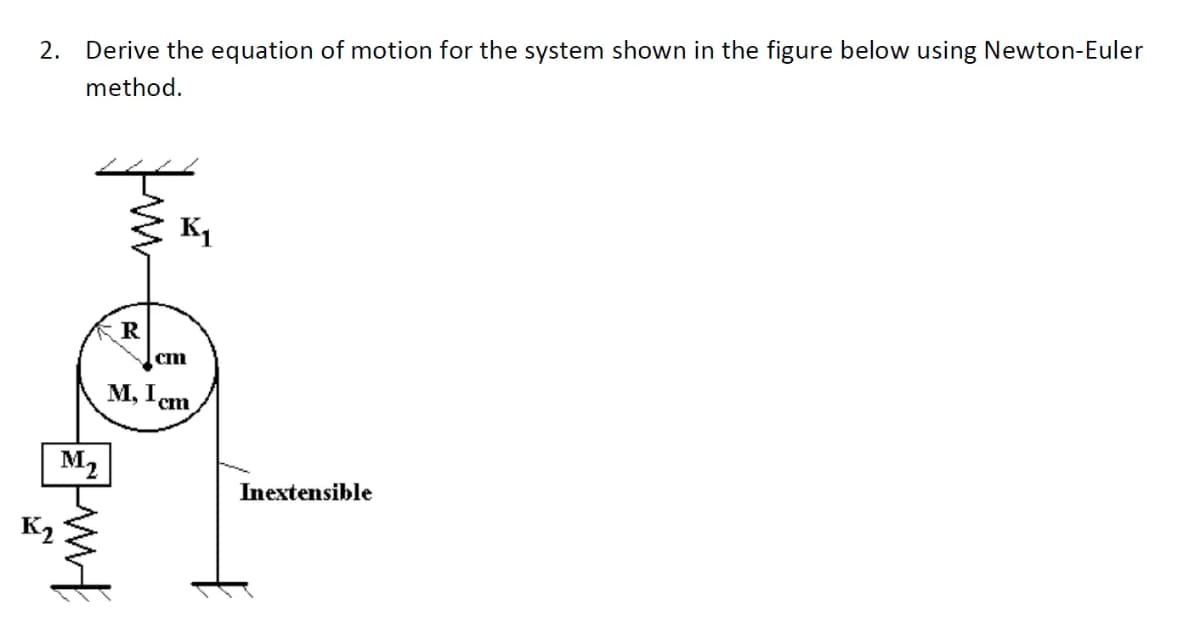 2. Derive the equation of motion for the system shown in the figure below using Newton-Euler
method.
K1
cm
M, I cm
M2
Inextensible
K2
