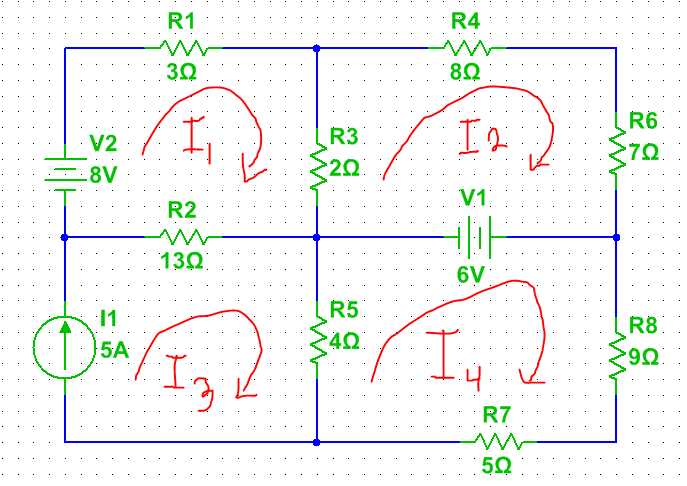 R1
R4
8Ω
R6.
V2
R3
20
-8V
V1
R2
130
6V
R5.
11
R8:
In
5A
6.
R7
