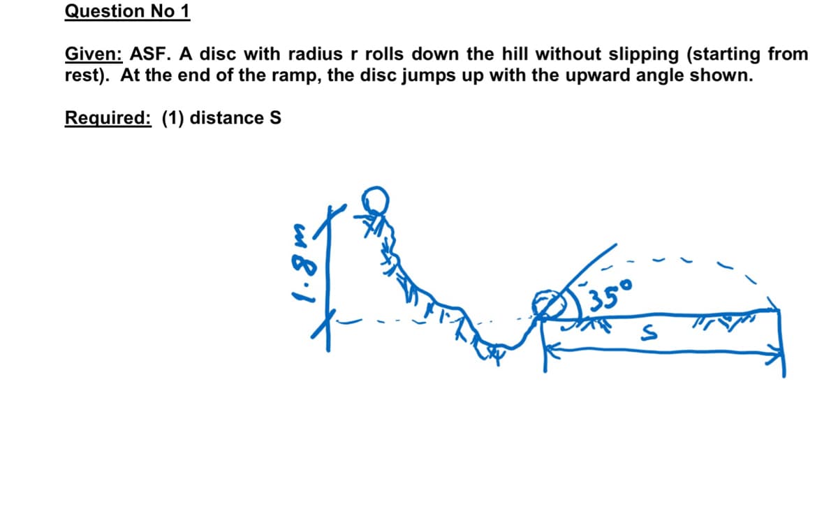 Question No 1
Given: ASF. A disc with radius r rolls down the hill without slipping (starting from
rest). At the end of the ramp, the disc jumps up with the upward angle shown.
Required: (1) distance S
